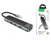 Концентратор USB (HUB) HOCO HB23 Easy view порт USB 2.0, порт USB 3.0, порт Type-C(PD), порт HDMI, порт RJ45, штекер Type-C, серый