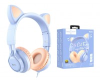 Наушники с микрофоном HOCO W36 Cat ear полноразмерные, кабель 1, 2м, 3, 5мм 4-pin Jack, кнопка вызова, ушки, коробка, голубой