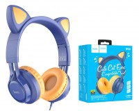 Наушники с микрофоном HOCO W36 Cat ear полноразмерные, кабель 1, 2м, 3, 5мм 4-pin Jack, кнопка вызова, ушки, коробка, синий