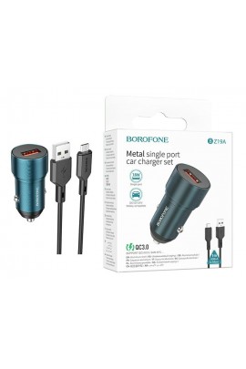 Автомобильное зарядное устройство Borofone BZ19A Wisdom + кабель MicroUSB 12/24В 1хUSB, Выходной ток: USB1-3, 0A, QC 3.0, коробка синий