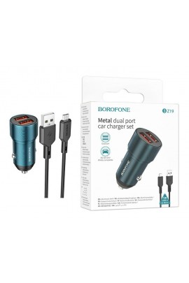 Автомобильное зарядное устройство Borofone BZ19 Wisdom + кабель MicroUSB 12/24В 2хUSB, Выходной ток: USB1-2, 4A, USB2-2, 4A, максимальный 2, 4 А коробка синий