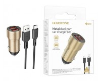 Автомобильное зарядное устройство Borofone BZ19 Wisdom + кабель Type-C 12/24В 2хUSB, Выходной ток: USB1-2, 4A, USB2-2, 4A, максимальный 2, 4 А коробка золото