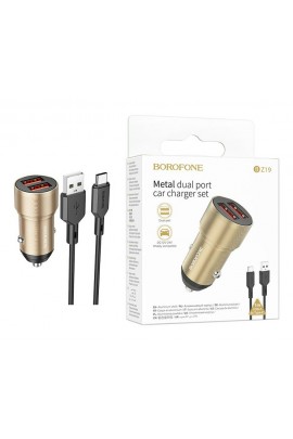 Автомобильное зарядное устройство Borofone BZ19 Wisdom + кабель Type-C 12/24В 2хUSB, Выходной ток: USB1-2, 4A, USB2-2, 4A, максимальный 2, 4 А коробка золото