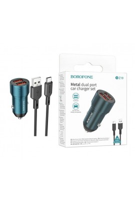 Автомобильное зарядное устройство Borofone BZ19 Wisdom + кабель Type-C 12/24В 2хUSB, Выходной ток: USB1-2, 4A, USB2-2, 4A, максимальный 2, 4 А коробка синий