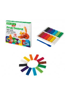 Пластилин BRAUBERG 106495 количество цветов в наборе: 12 цветов масса: 180 г восковой, стек (пластиковый нож), картонная упаковка