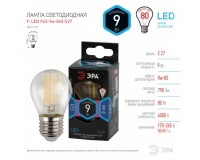Лампа светодиодная Эра P45 9Вт 170-265В E27 4000K F-LED(филамент), шар, прозр, пластик/металл, светоотдача 80 Лм/Вт, аналог 80 Вт
