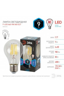 Лампа светодиодная Эра A60 9Вт 170-265В E27 4000K F-LED(филамент), груша, прозр, стекло/пластик/металл, светоотдача 95 Лм/Вт, аналог 80 Вт