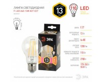 Лампа светодиодная Эра A60 13Вт 170-265В E27 2700K F-LED(филамент), груша, прозр, стекло/пластик/металл, светоотдача 92 Лм/Вт, аналог 110 Вт