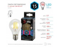 Лампа светодиодная Эра A60 15Вт 170-265В E27 4000K F-LED(филамент), груша, прозр, стекло/пластик/металл, светоотдача 80 Лм/Вт, аналог 150 Вт