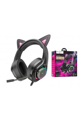 Наушники с микрофоном HOCO W107 phantom cat полноразмерные, кабель 2м, 3.5мм Jack + USB, регулятор громкости, игровые, подсветка, ушки коробка, черный