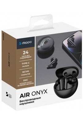 Наушники беспроводные Deppa 44208 Air Onyx внутриканальные, Bluetooth V5.3 шумоподавление ENC, кейс для хранения и зарядки в комплекте (емкостью 350мАч) черный, коробка