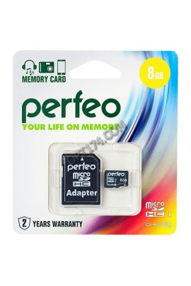 Флэш карта microSDHC 8 GB Perfeo Class 10 с адаптером