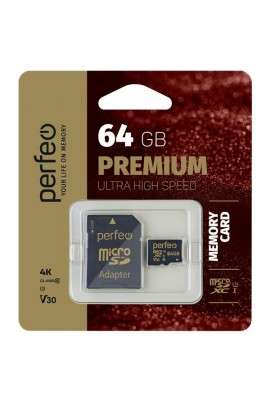 Флэш карта microSDXC 64 GB Perfeo Class 10 UHS-1 V30 PREMIUM с адаптером